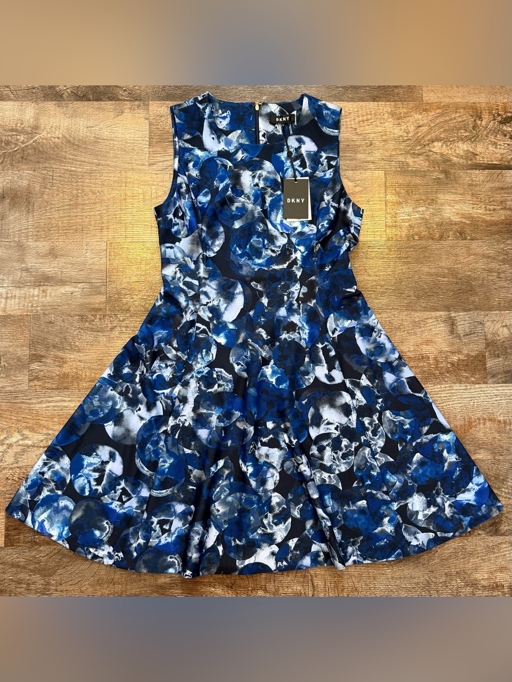 NWT DKNY Dark Blue Black Floral Geometric Print A-line Dress Sleeveless 10